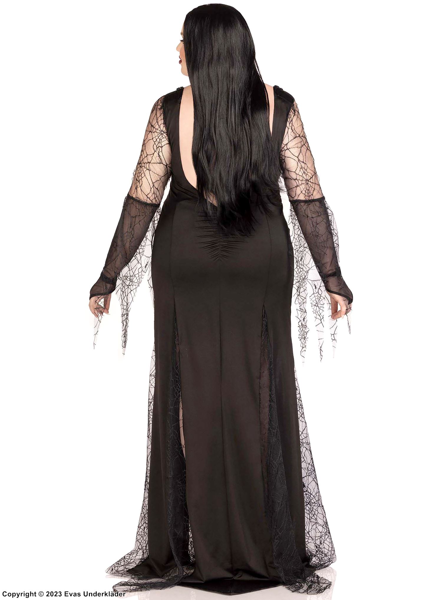 Morticia aus der Addams Family, Kostüm-Kleid, Pailletten, lange Ärmel, hoher Schlitz, Plus Size